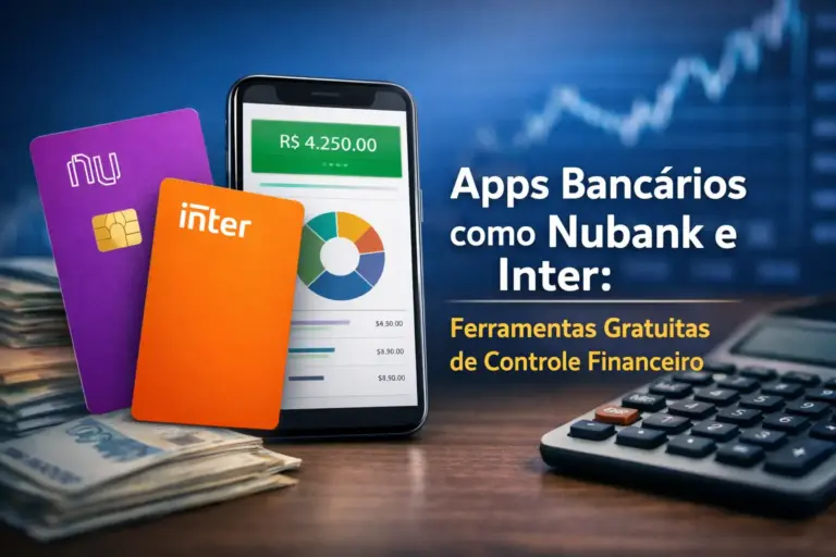 App financeiro mostrando saldo, cartões Nubank e Inter