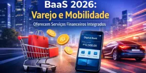 Carro de compras e smartphone com saldo R$12.500, moedas e cidade