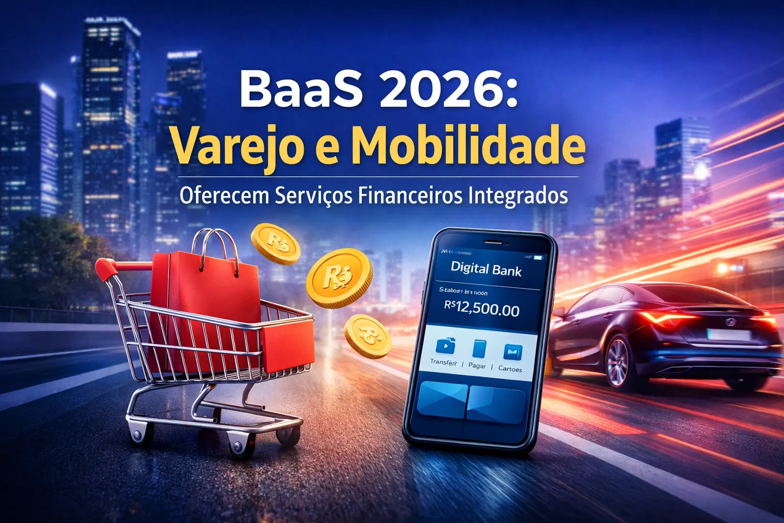 Carro de compras e smartphone com saldo R$12.500, moedas e cidade