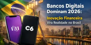Logos do Nubank e C6 Bank com skyline e bandeira do Brasil