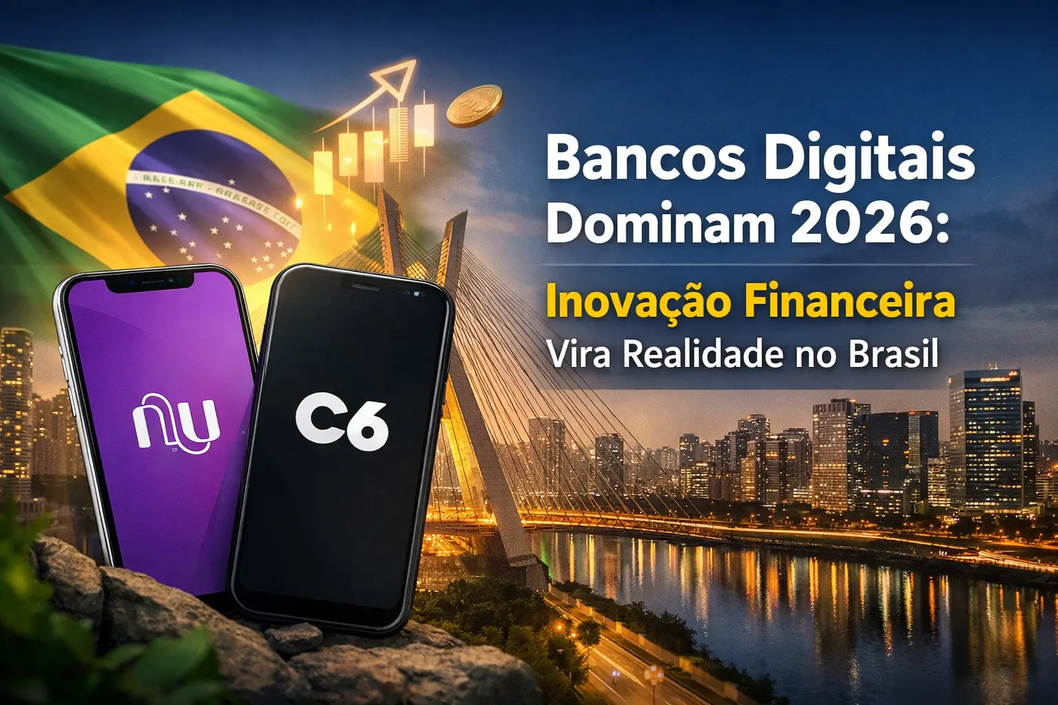 Logos do Nubank e C6 Bank com skyline e bandeira do Brasil