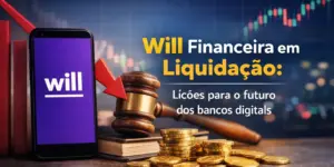 Smartphone com logo Will, martelo, livros e moedas, gráfico ao fundo