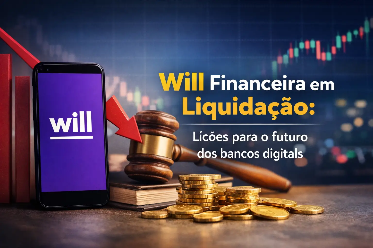 Smartphone com logo Will, martelo, livros e moedas, gráfico ao fundo