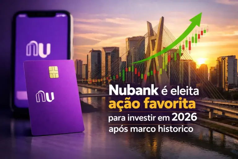 Cartão Nubank e smartphone com logo e tendência de ações