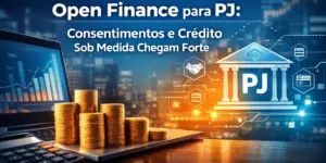 Educação financeira para brasileiros com moedas, laptop e skyline