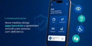 App bancário com acessibilidade digital em smartphone azul