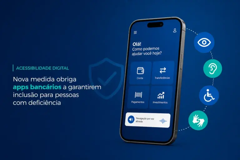 App bancário com acessibilidade digital em smartphone azul