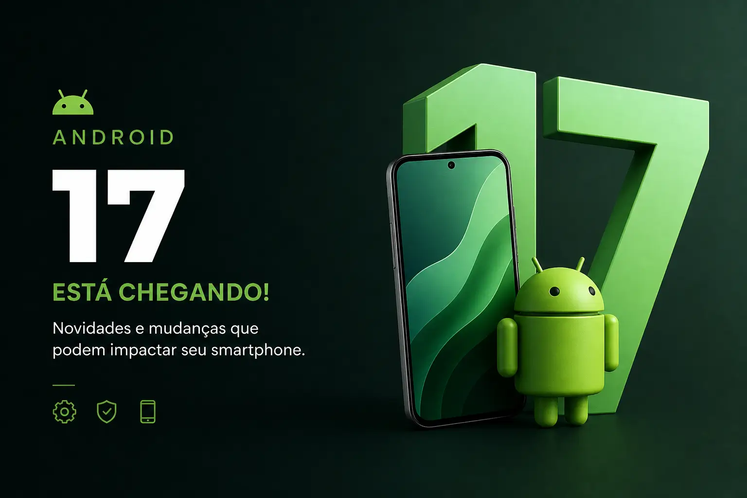 Android 17, número verde, smartphone e mascote