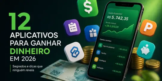 Smartphone com app financeiro, balanço R$ 5.742,35 e ganhos mensais R$ 2.350,00