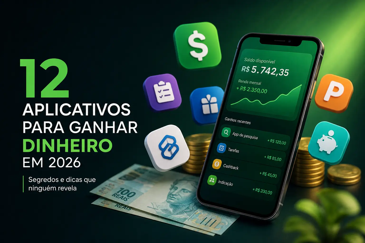 Smartphone com app financeiro, balanço R$ 5.742,35 e ganhos mensais R$ 2.350,00