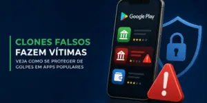 Aplicativos na Play Store com ícones de alerta e símbolo de segurança