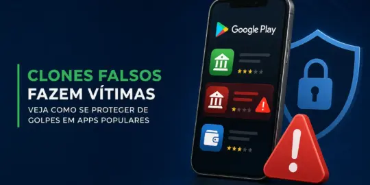 Aplicativos na Play Store com ícones de alerta e símbolo de segurança