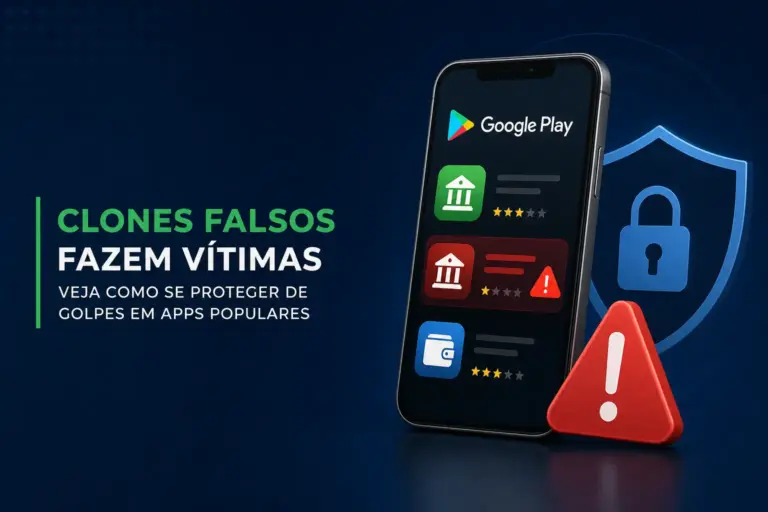 Aplicativos na Play Store com ícones de alerta e símbolo de segurança