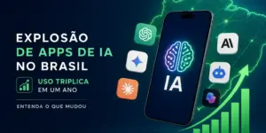 Aplicativos de IA no Brasil com mapa digital e cérebro no smartphone