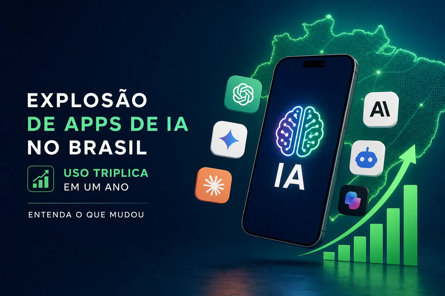 Aplicativos de IA no Brasil com mapa digital e cérebro no smartphone