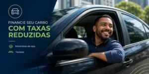 Homem sorrindo em carro preto com texto sobre financiamento acessível
