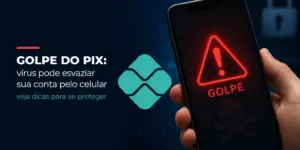 Smartphone com alerta de golpe e símbolo de vírus financeiro