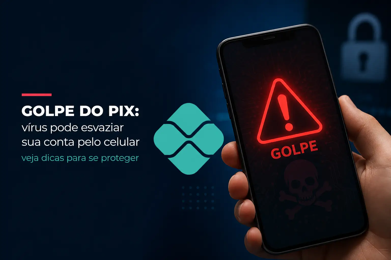 Smartphone com alerta de golpe e símbolo de vírus financeiro