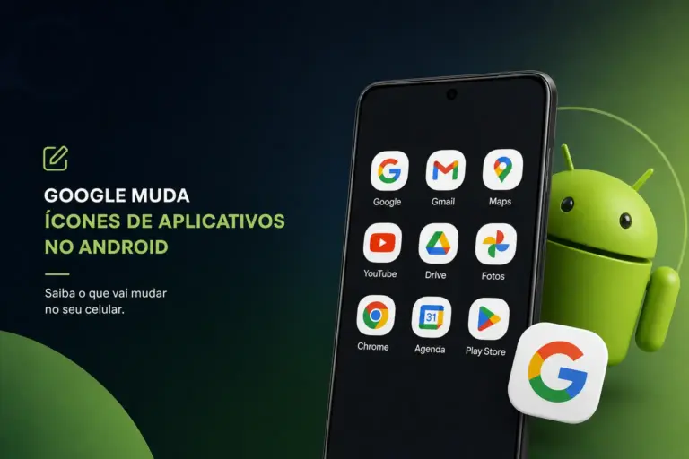 Smartphone com ícones do Android e mudança de design 2026