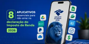 Smartphone com design de Imposto de Renda 2026 e leão