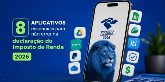 Smartphone com design de Imposto de Renda 2026 e leão