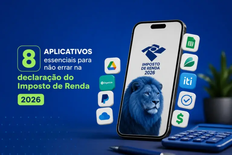 Smartphone com design de Imposto de Renda 2026 e leão