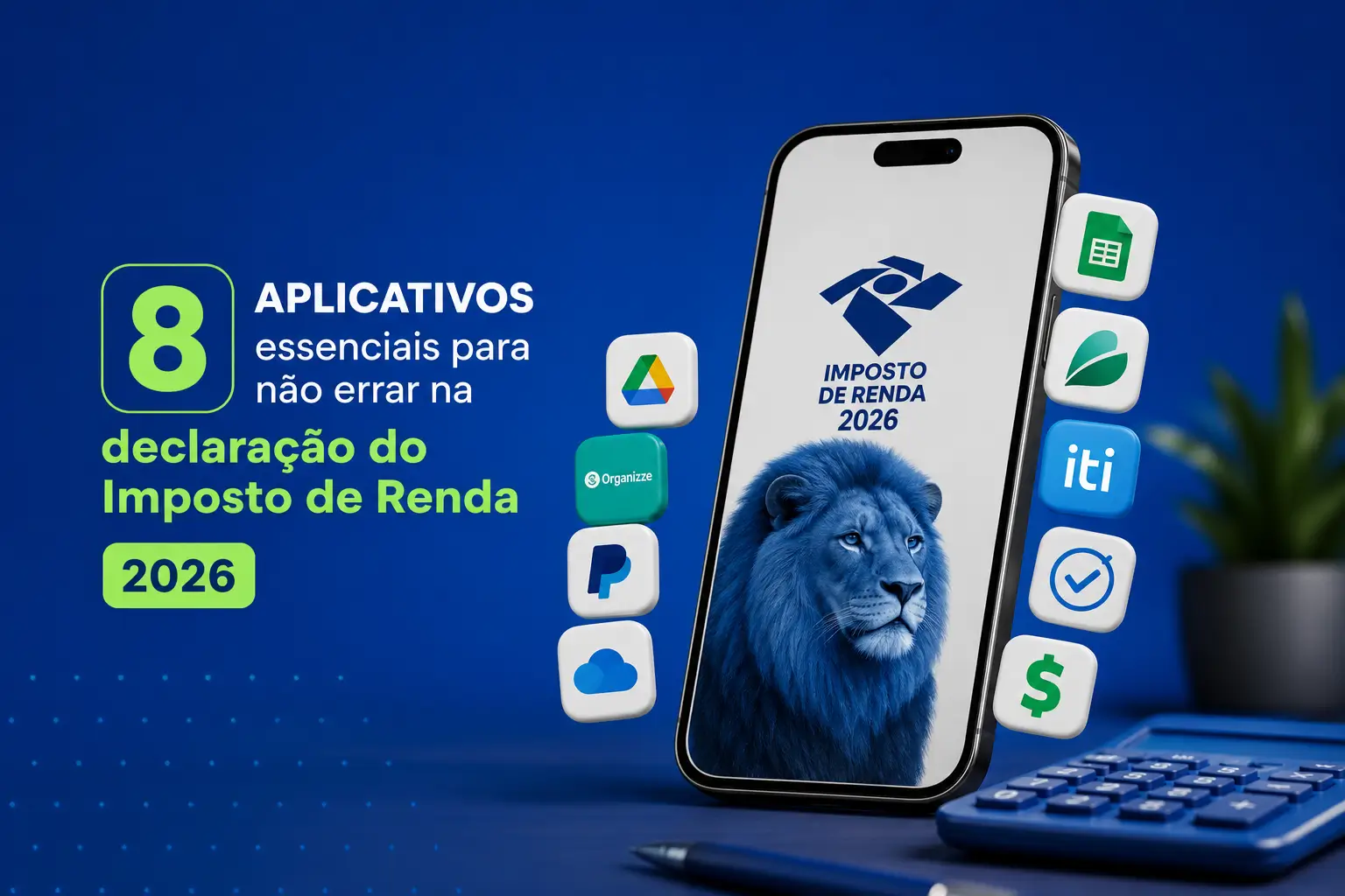 Smartphone com design de Imposto de Renda 2026 e leão