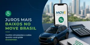 Modelo de carro e smartphone com app MOVE BRASIL para educação financeira 2026