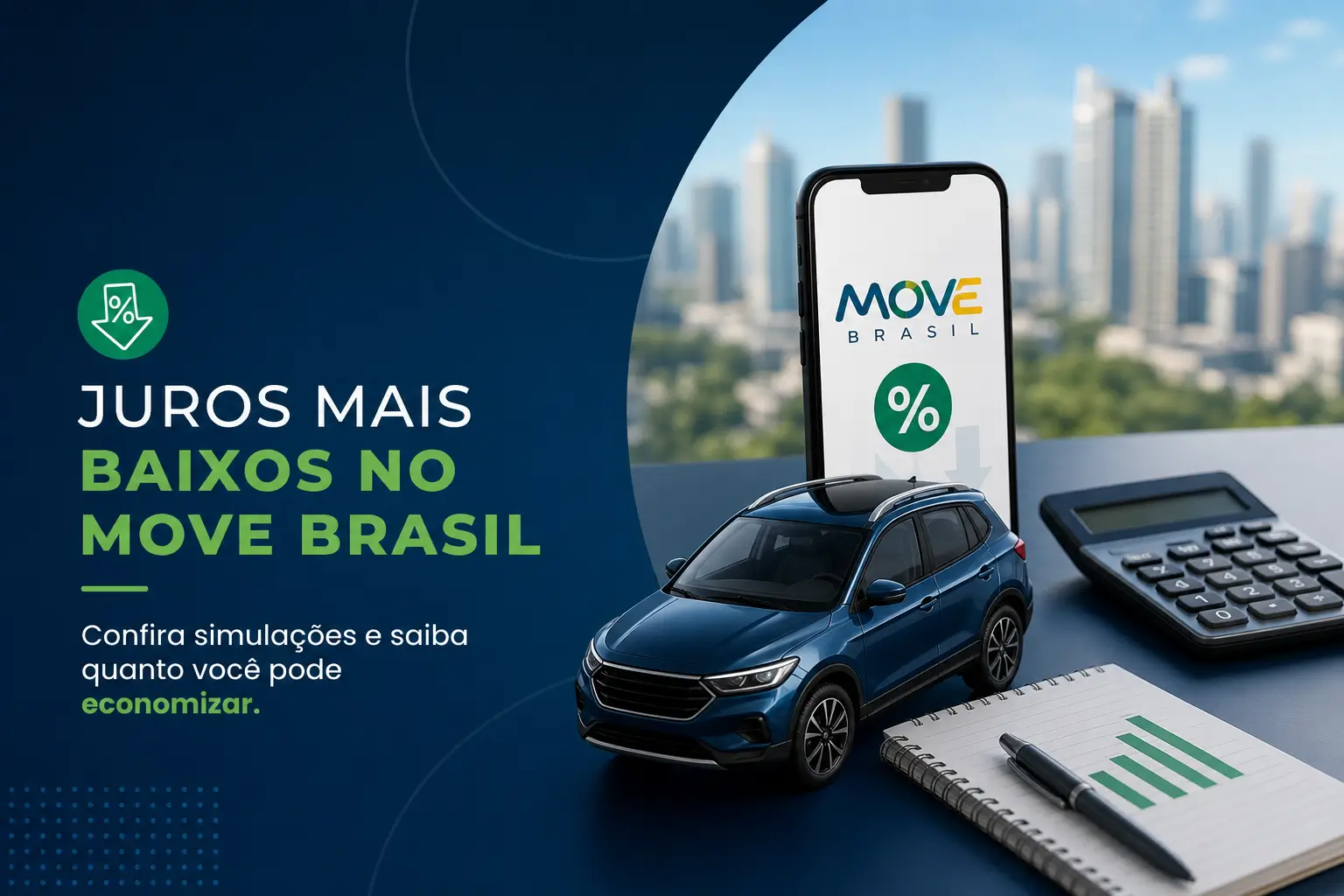Modelo de carro e smartphone com app MOVE BRASIL para educação financeira 2026