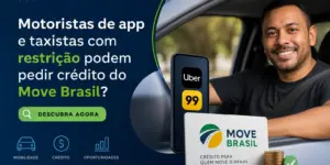 Motorista sorridente com apps Uber e 99 e cartão Move Brasil para crédito