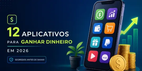 Celular com ícones financeiros e texto '12 Aplicativos para Ganhar Dinheiro em 2026'.