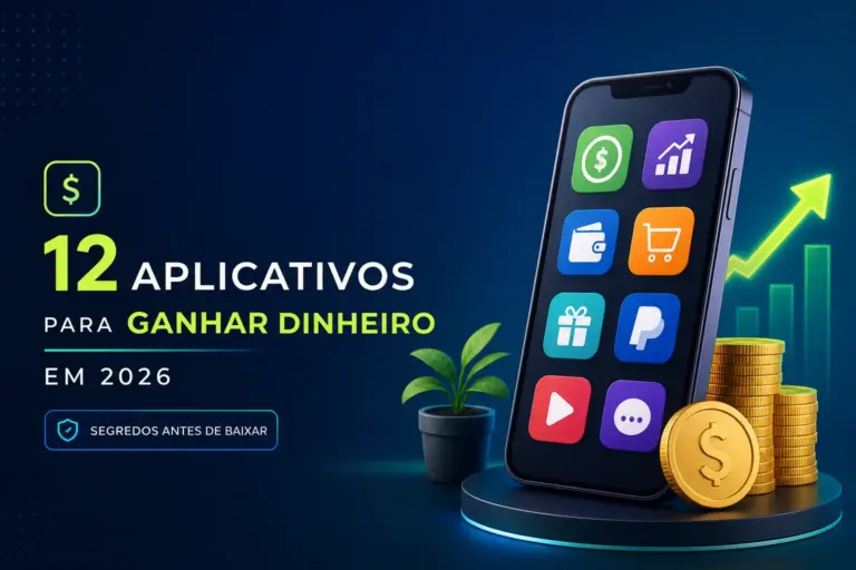 Celular com ícones financeiros e texto '12 Aplicativos para Ganhar Dinheiro em 2026'.