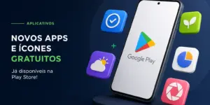Smartphone com ícones de apps, incluindo Google Play