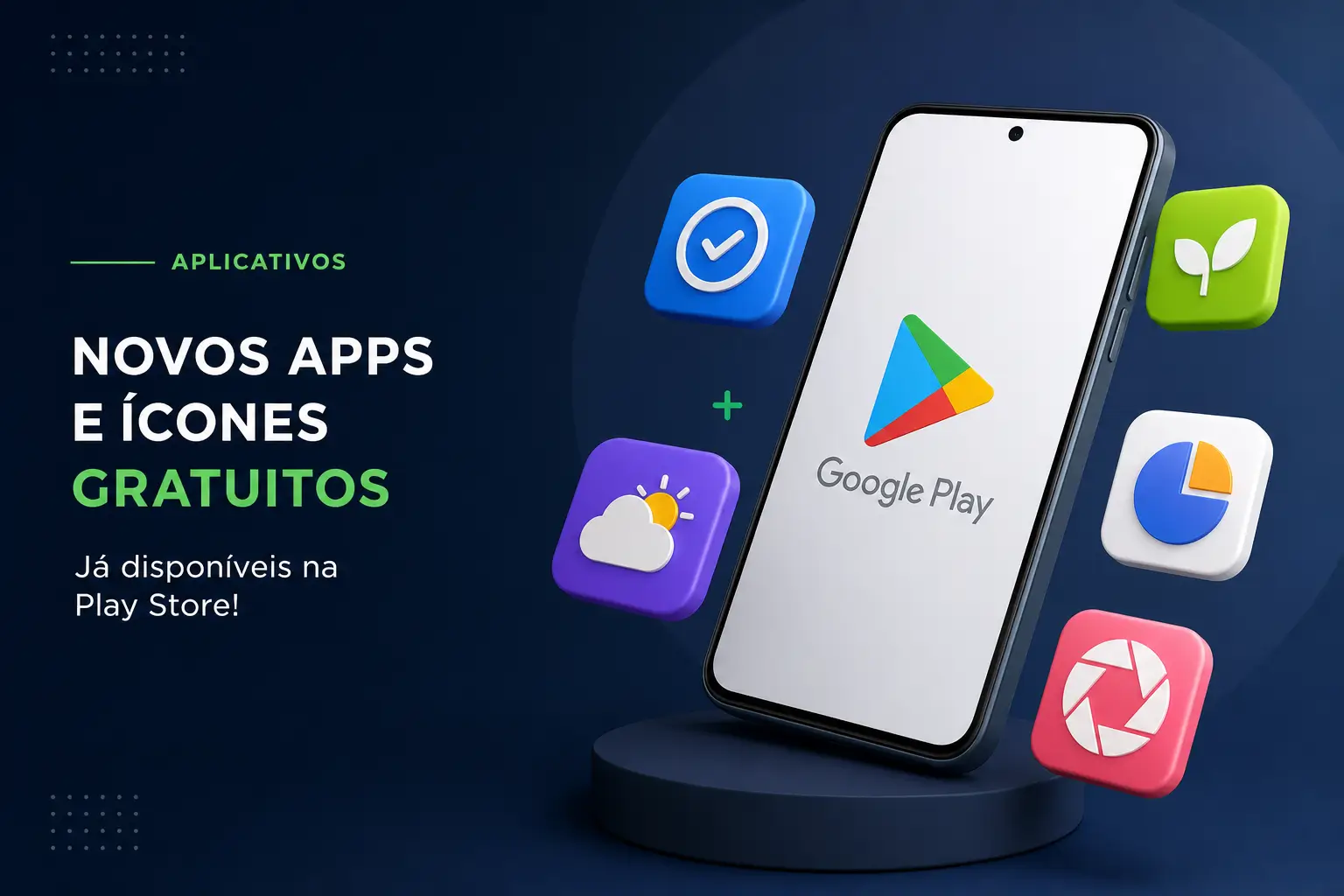 Smartphone com ícones de apps, incluindo Google Play
