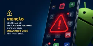 Smartphone com ícones de aplicativos e símbolo de alerta em 2026