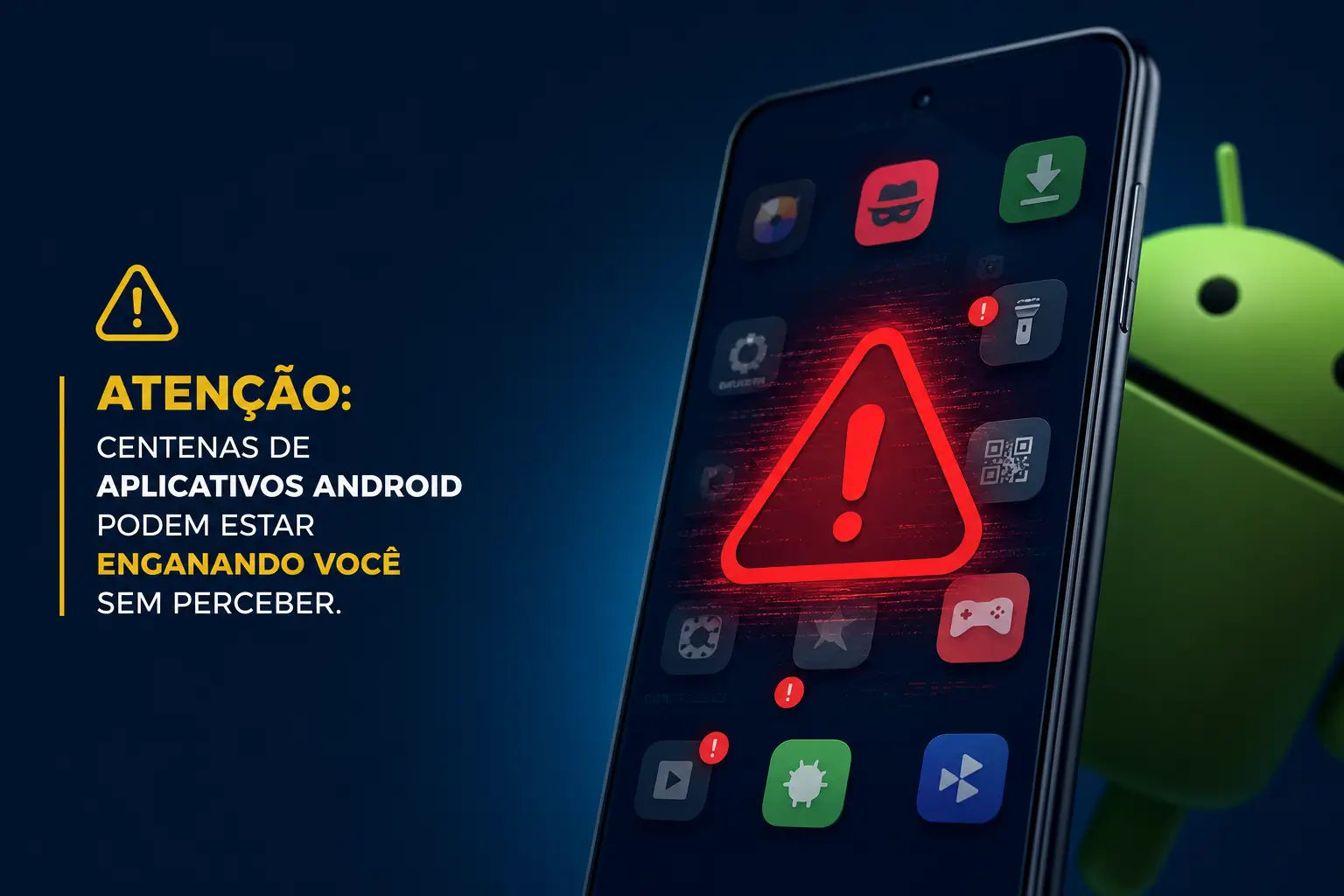Smartphone com ícones de aplicativos e símbolo de alerta em 2026