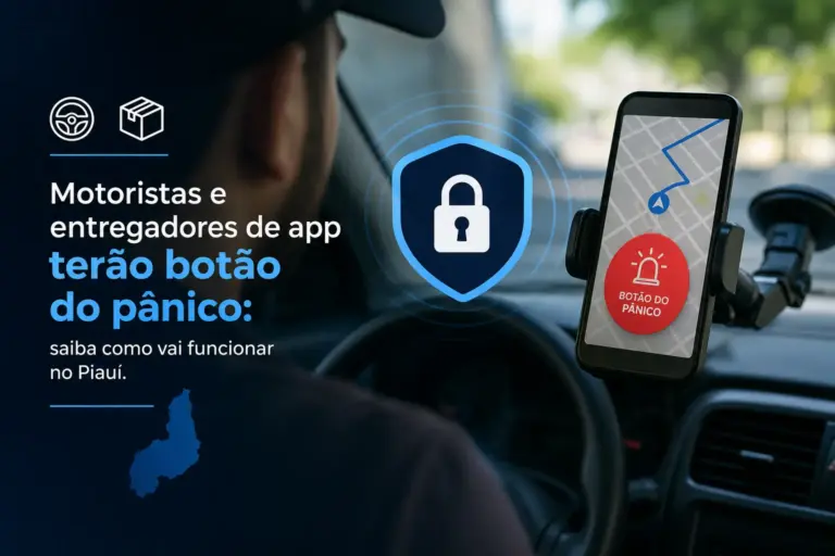 Motorista de aplicativo com smartphone exibindo botão do pânico em Piauí