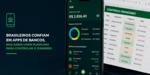 App de gestão financeira em smartphone, planilha ao fundo