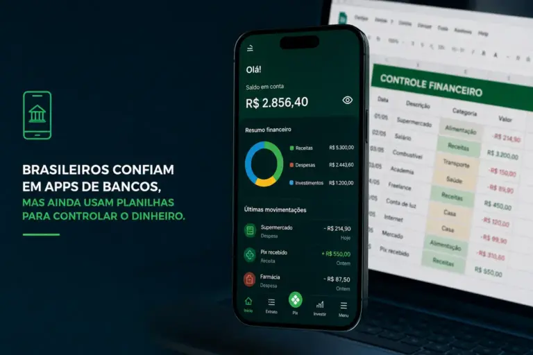 App de gestão financeira em smartphone, planilha ao fundo