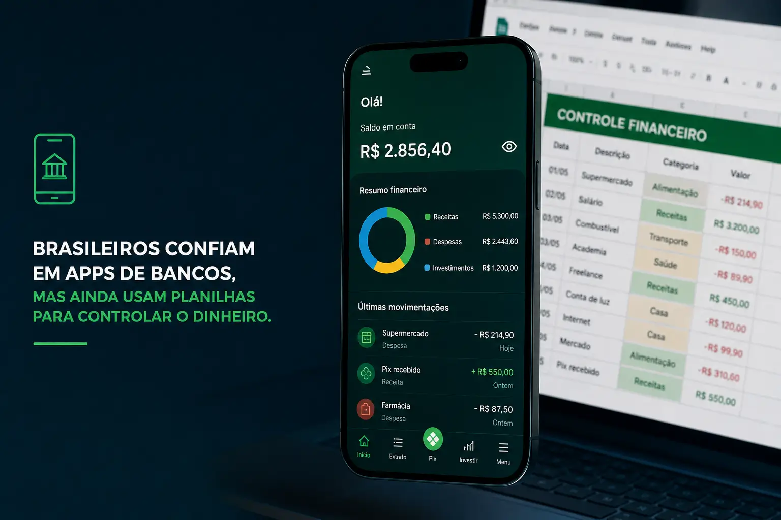 App de gestão financeira em smartphone, planilha ao fundo