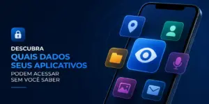Smartphone com ícones de aplicativos e texto sobre privacidade de dados