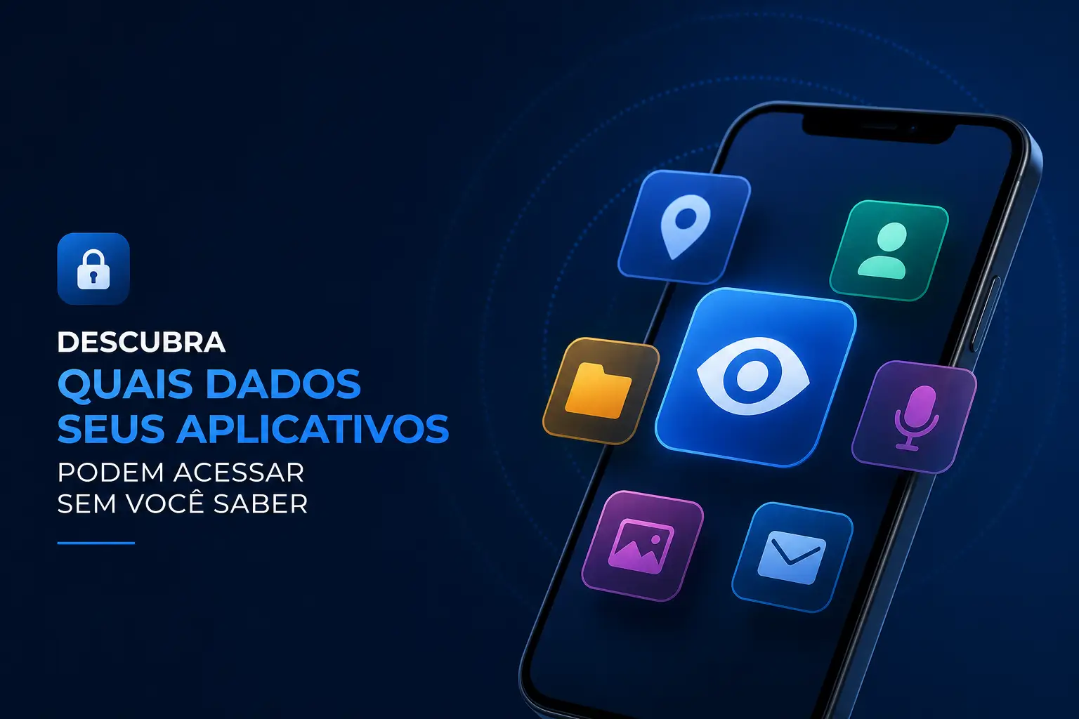 Smartphone com ícones de aplicativos e texto sobre privacidade de dados