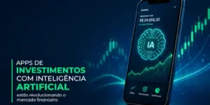 smartphone com app de investimento IA e gráficos financeiros