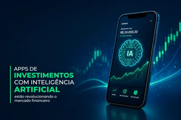 smartphone com app de investimento IA e gráficos financeiros