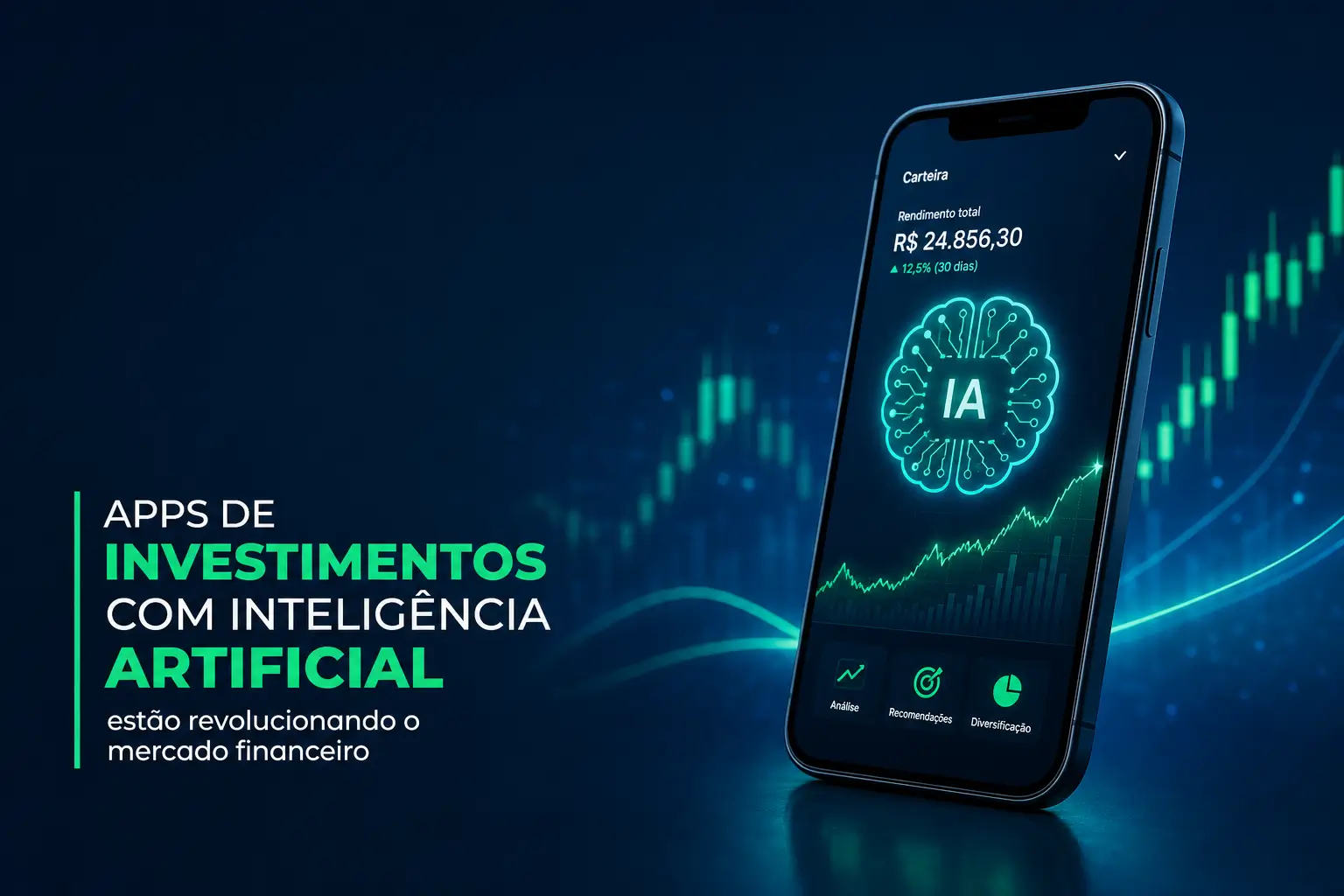smartphone com app de investimento IA e gráficos financeiros