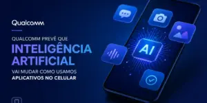 Smartphone com ícones de apps e logo Qualcomm destacando IA