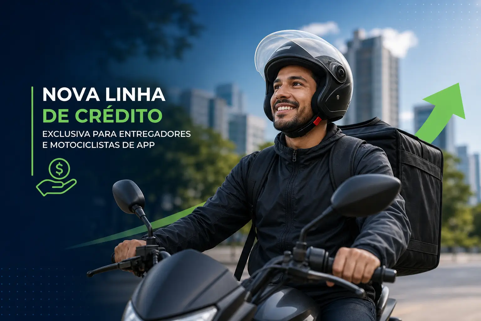 Motociclista sorridente com mochila de entrega na cidade