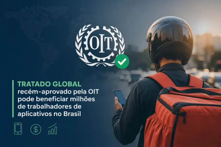 Trabalhador de app com celular e mochila; tratado OIT 2026.