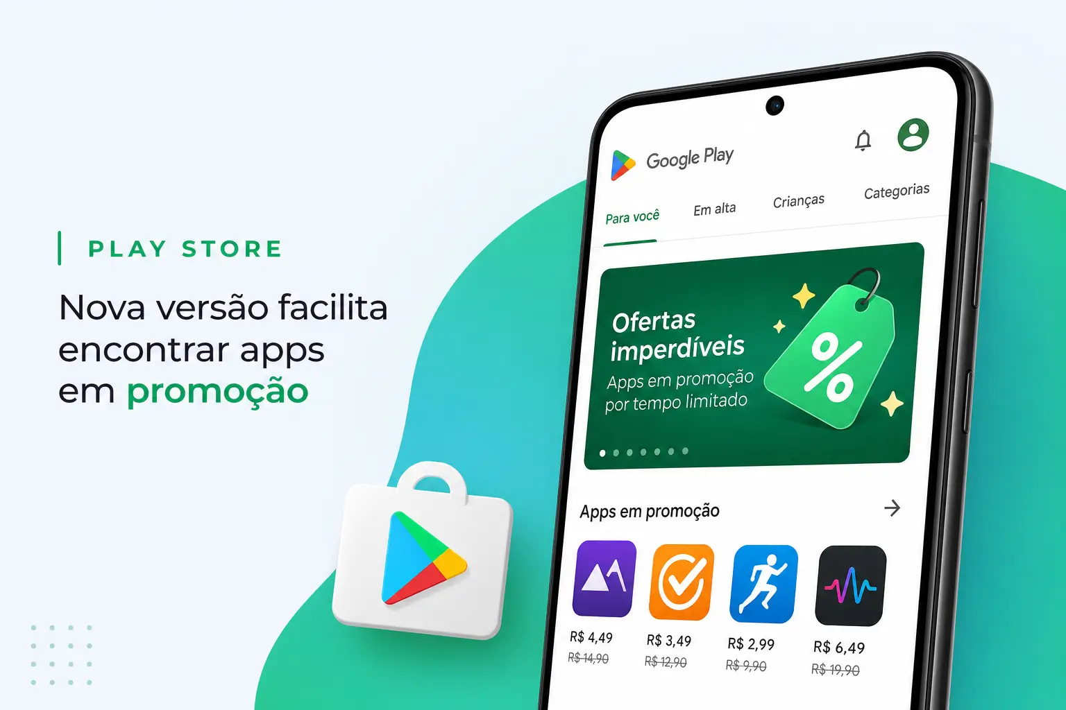 Smartphone destaca ofertas de apps no Google Play Store 2026