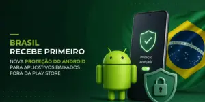 Mascote do Android com smartphone e bandeira do Brasil, segurança realçada